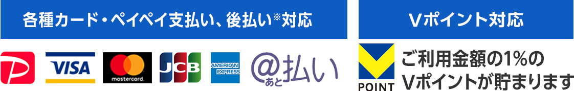 各種クレジットカード、PayPay、後払い対応。ご利用金額の1%のVポイントが貯まります。