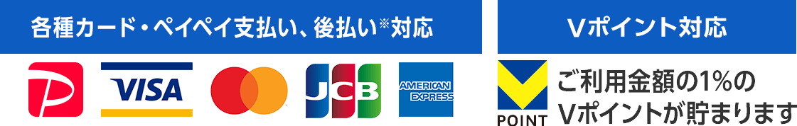 各種クレジットカード、PayPay、後払い対応。ご利用金額の1%のVポイントが貯まります。